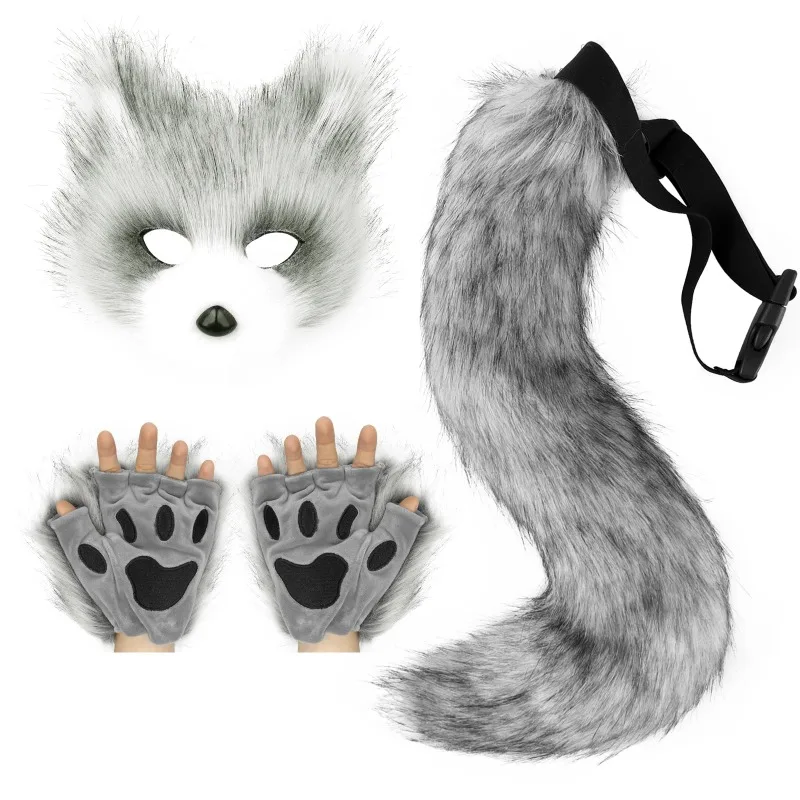 

Girls Women Faux Fur Fox Tail Cat Wolf Cosplay Costume Set Plush Mask Fluffy Paw Gloves Halloween Christmas Party