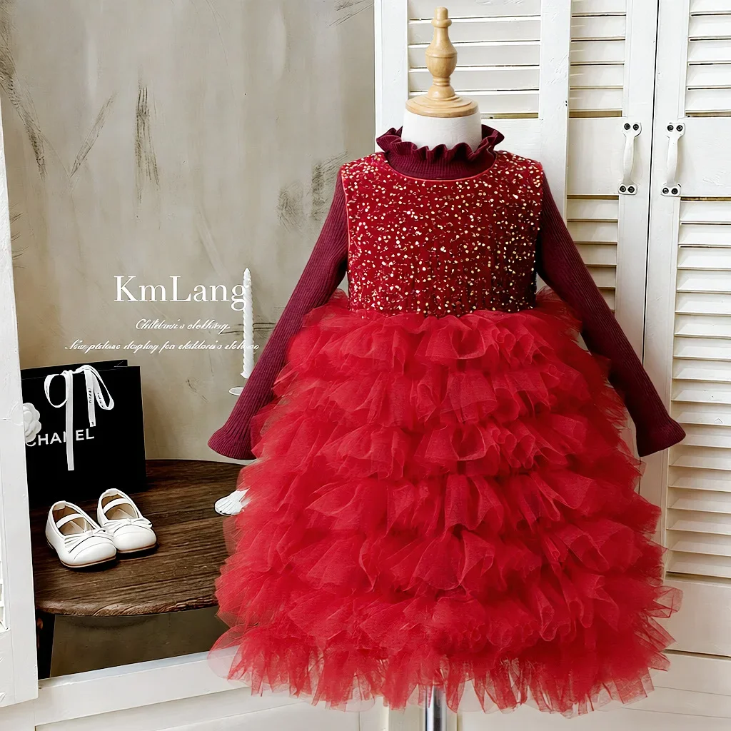 Christmas Baby Girls Dresses Tutu Layered Sequins Sleeveless Kids Princess Birthday Party Dresses for 1-5 Years