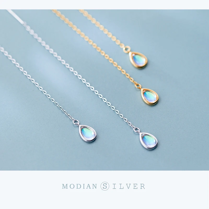 

MODIAN Rainbow Opal Long Chain Earrings 925 Sterling Silver Fashion Water Drop Dangle Earrings For Women Fine Jewelry