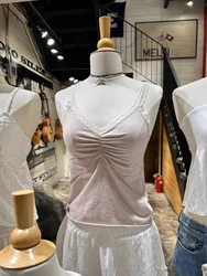 Lace Trim V-neck Slim Tank Tops Woman Summer Raw Hem Folds Sleeveless Cotton Short Camisoles Sweet Preppy Style Simple Basic Top