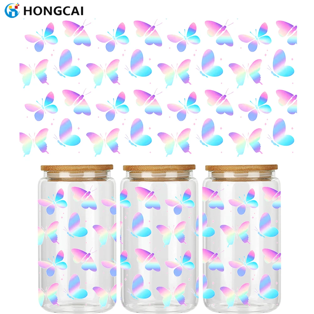 

Цельная градиентная радужная УФ-наклейка DTF с бабочкой, водонепроницаемая и устойчивая к царапинам, подходит для стеклянных чашек и кружек