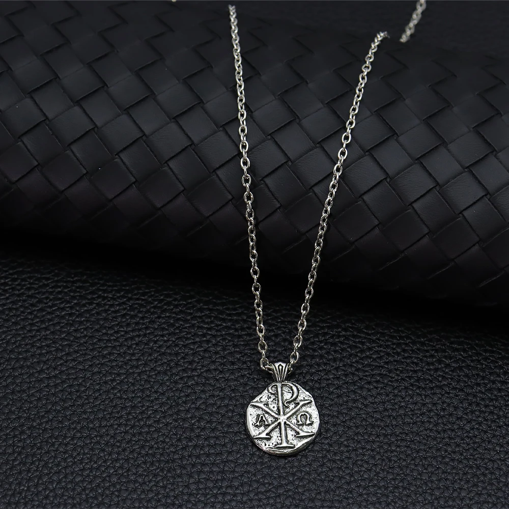 Vintage Chi-Rho Pendant Necklace for Men | Retro Silvery Alpha Omega Symbol Jewelry | Religious Faith Amulet Chain Necklace