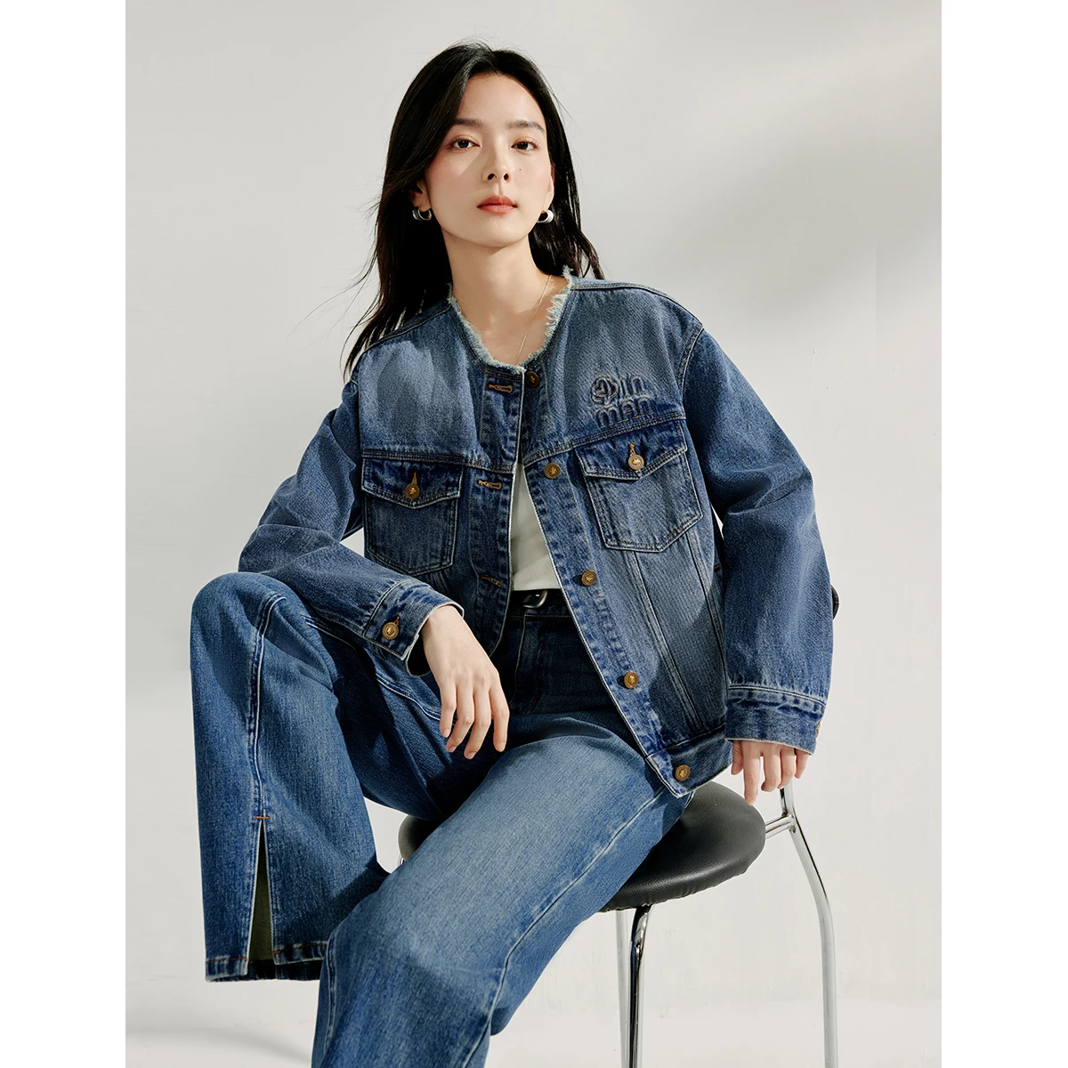 INMAN Retro Washed Fringed Embroidered Round - Neck Denim Jacket for Women - New Pure Cotton Top in Spring 2025