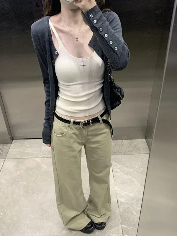 레트로 아메리칸 카키 플레어 진 여성용 루즈 스트레이트 레그 와이드 레그 롱 팬츠 가을 신상 슬레 로우 웨이스트 여성용 청바지