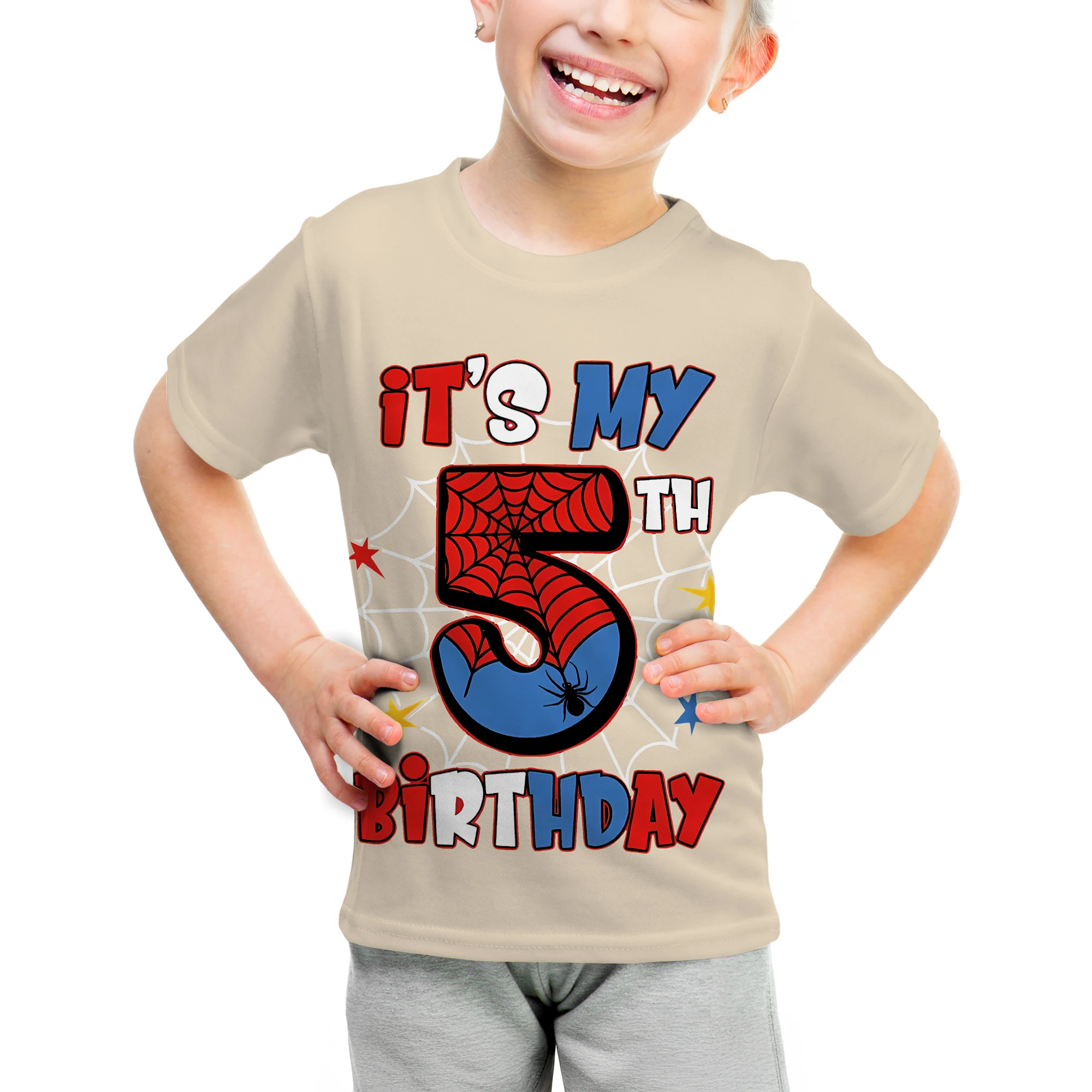 Kids 5th Birthday Girls & Boys T-Shirt Spider Web Graphic Clothes, Birthday Party Top Casual Wear, Gift for Young Hero Lovers view 2