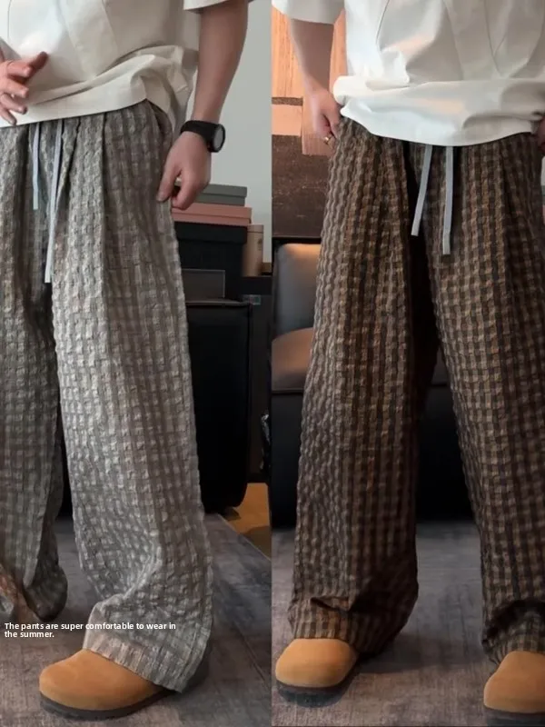 

Large Size Men's Casual Pants Plaid Straight Leg Thin Breathable Summer Faion Urban Sle High Waist Loose Fit Bubble Design