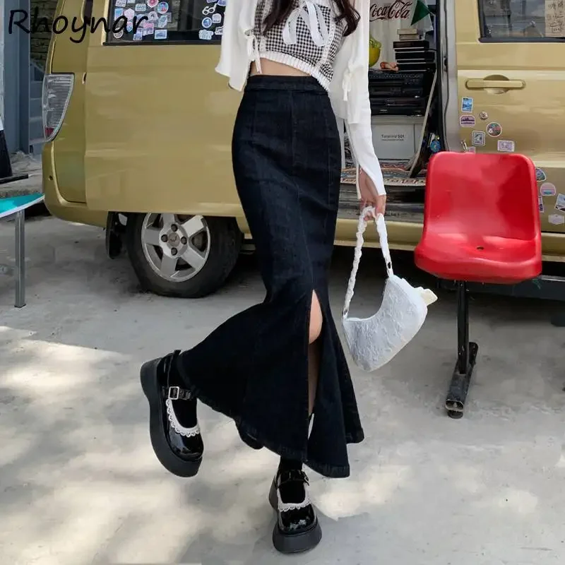 

Denim Midi Skirts Women Solid Color Ladies High Waist Hip Wrap Fishtail Skirt Front Side-slit Streetwear Fall Winter Soft Slim