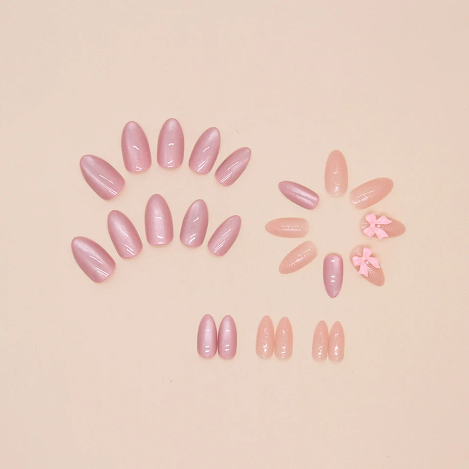 24 piezas de uñas postizas rosas brillantes en forma de almendra con moños 3D, estilo coreano, de cobertura total 4