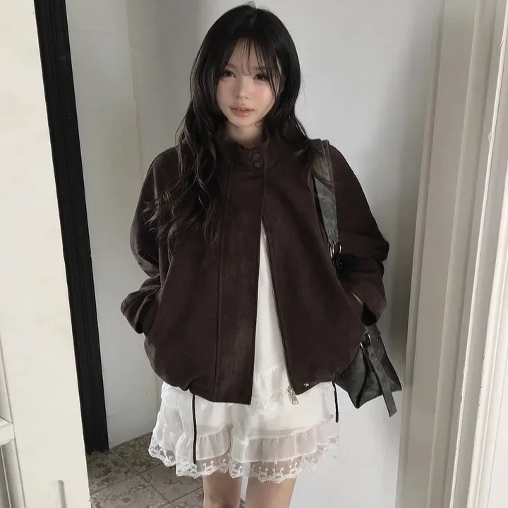 Versatile Suede Stand Collar Jacket Korean Style Long Sleeve Women's Outerwear Fashionable All-Match Short Coat for Autumn