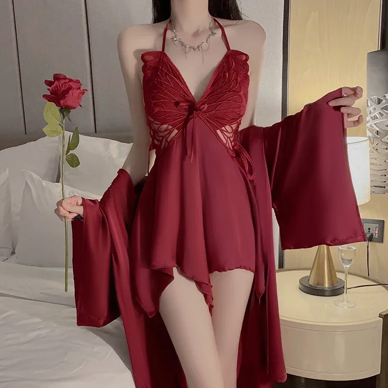 Red Sexy Backless Tempting Ice Silk Comfortable Simple Outer Robe Home Set Women\'s Pajamas Set Sleepwear for Women and Sexy