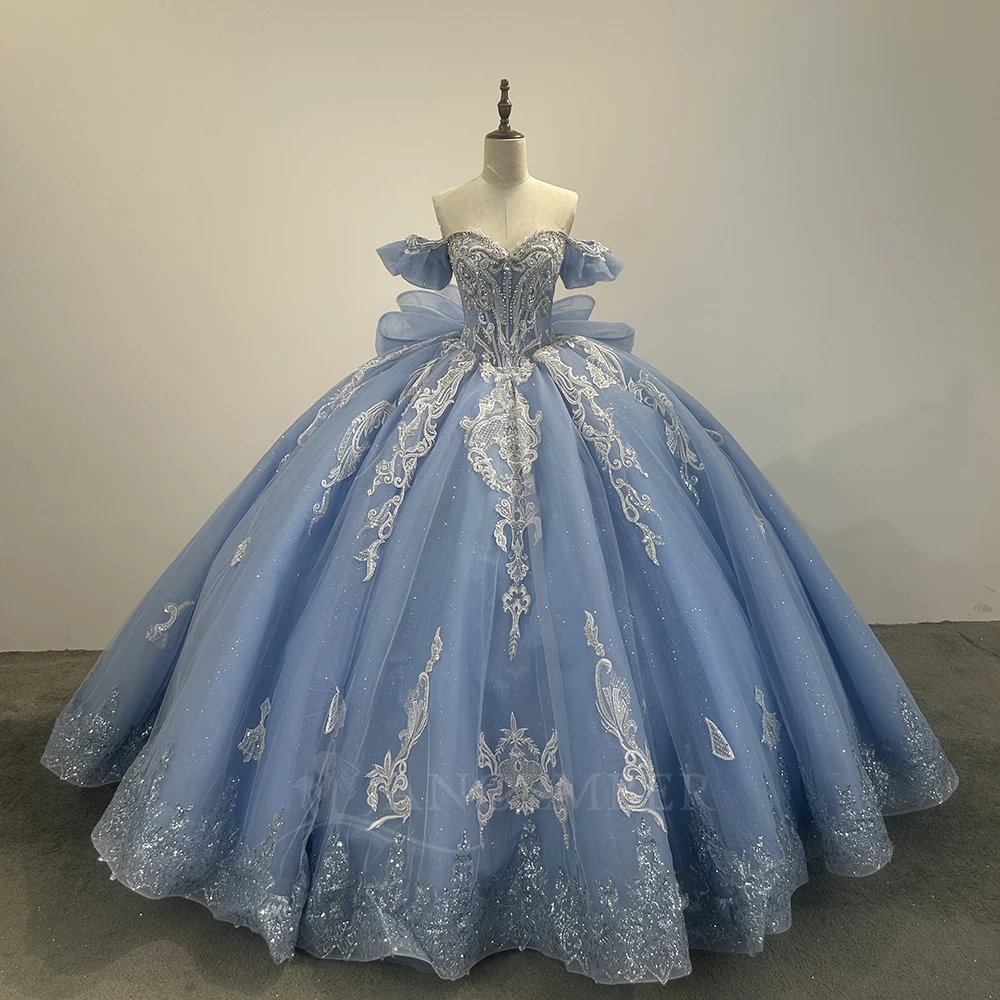 恋人カスタマイズされた光沢のあるブルーのキンセアニェーラドレスボールガウンスパンコールレースプリーツ半袖スイート16 Vestido De 15 Anos