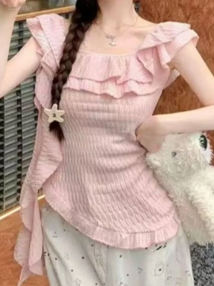 French Ruffles Slash Neck Summer Slim All Match Folds Knitted Top Female
