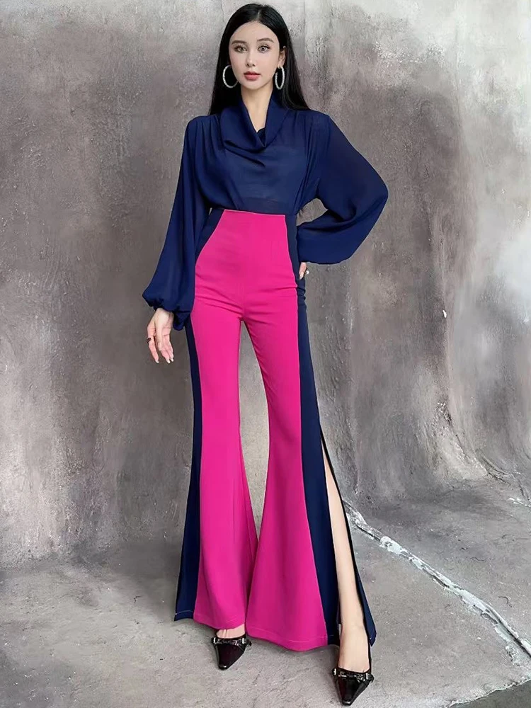

Slimming High Waist Flared Pants And Chiffon Long Sve Top Women's Faion Set 2025 Summer Collection Two-Piece Outfit