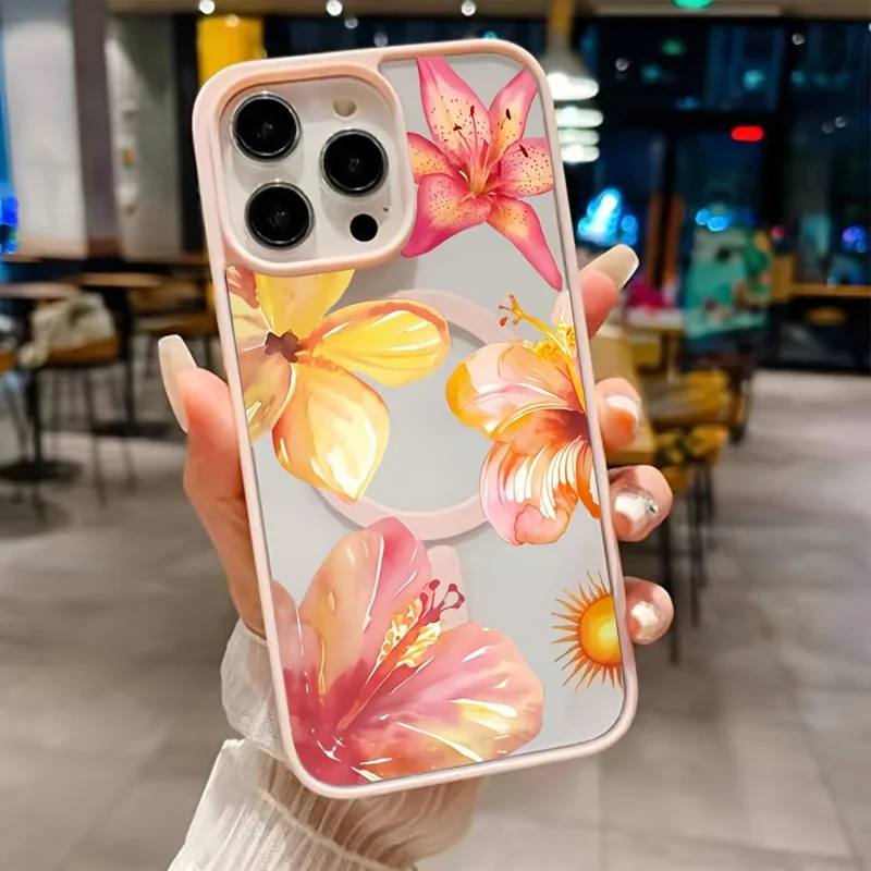 Yellow And Pink Floral For Magsafe Wireless Charging Phone Case For 17 Pro Max 16 Pro 15 14 13 12 11 Pro Plus Air Magnetic Cover