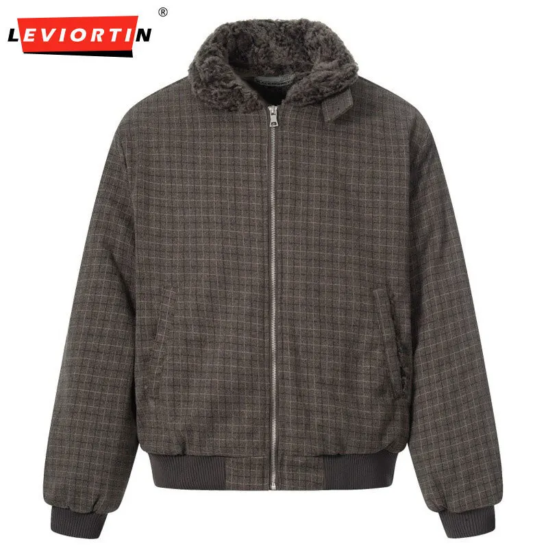 Winter men's European and American fashion trend brand thick, loose, simple plaid stand up collar retro cotton coat jacket