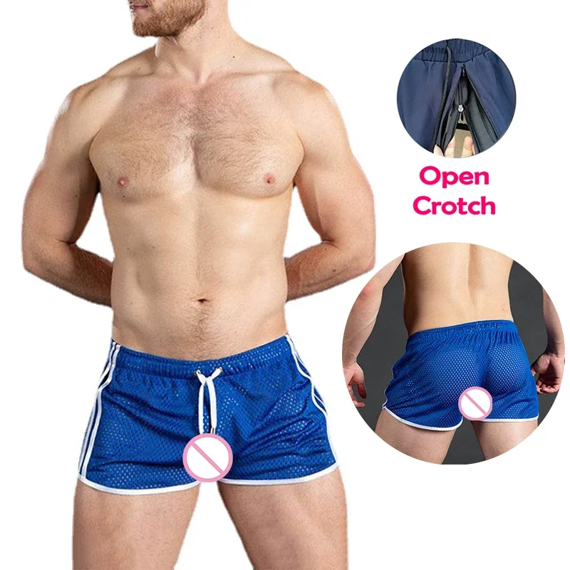 Man Open Crotch Shorts Sexy Gym Panties Crotchless Mesh Board Gay Double Zipper Breathable Erotic Beach Pants Muscle Swimsuits