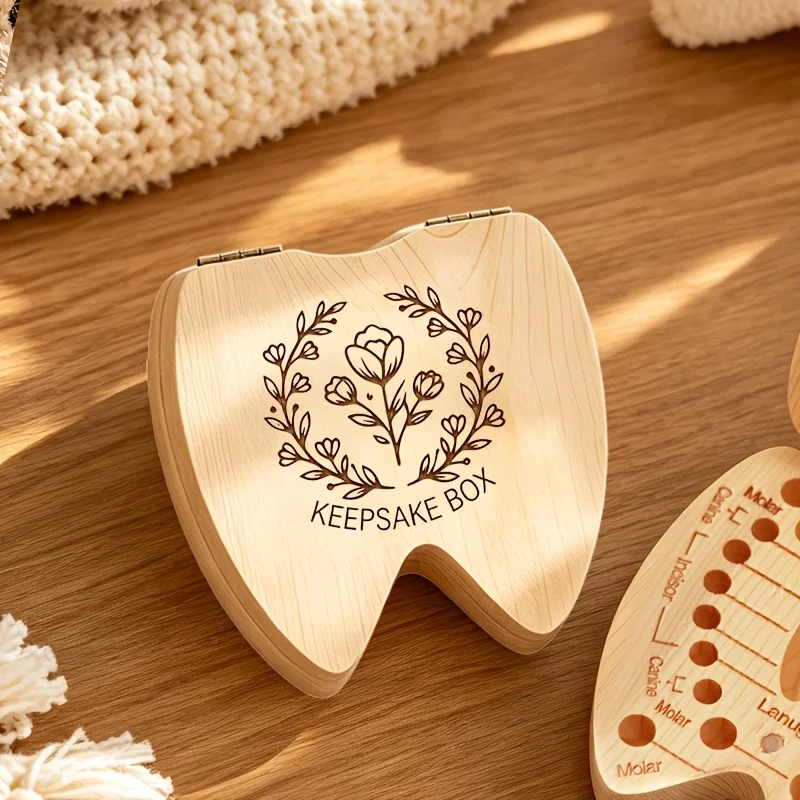 1PCS Tooth-Shaped 2D Wooden Tooth Keepsake Box Wooden Storage Box Tooth Fetal Hair Commemorative Collection Birth Souvenir Gift