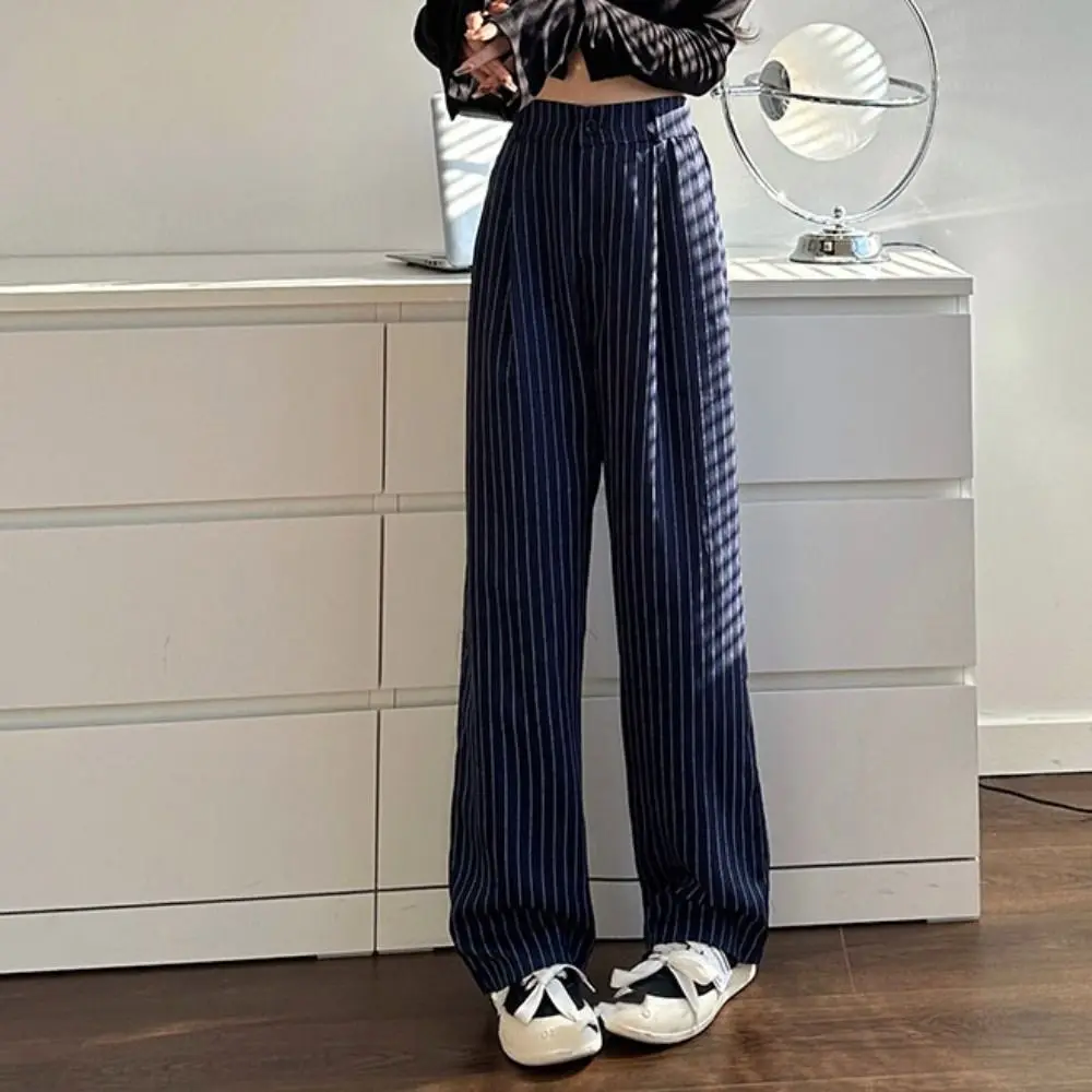 

Retro Loose Stripe Straight Leg Pants Workout Trousers Autumn Wide Leg Pants High Waist Drape Feeling Striped Suit Pants Female