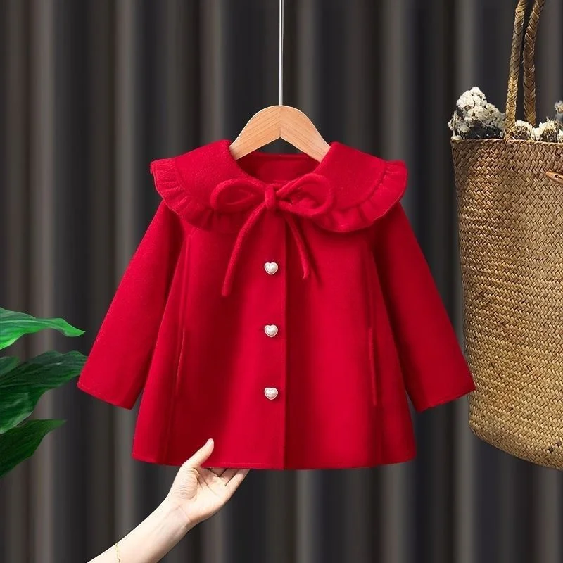 Girls Woolen Coat Jacket Windbreak 2025 Sweetheart Warm Thicken Winter Cotton Overcoat Plus Size Children's Clothing