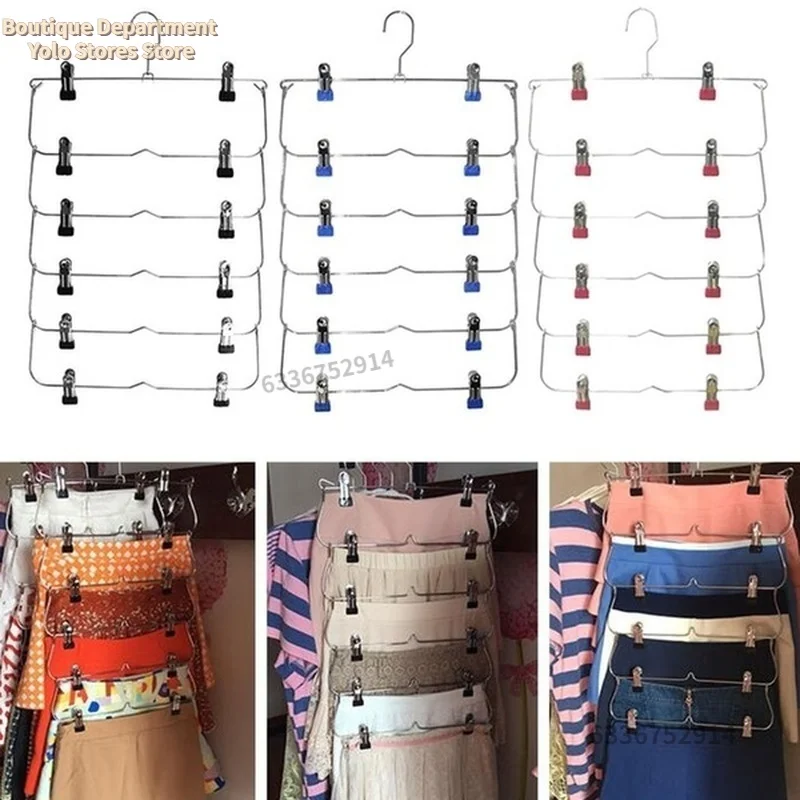 6 طبقات شماعات الملابس متعدد الطبقات تنورة بنطلون شماعات للسراويل غير قابلة للانزلاق شماعات معدنية مقاطع تخزين الملابس حامل أرفف