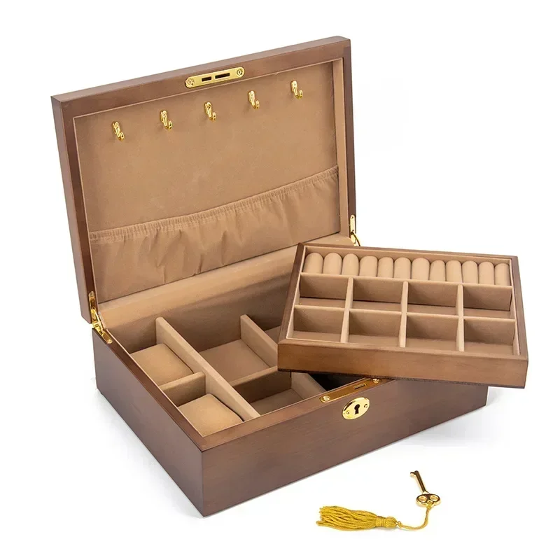 

Solid Wood Jewelry Box Double Layered with Lock Necklace Organizer Wedding Ring Holder Bracelets Display Trinkets Storage Boxes