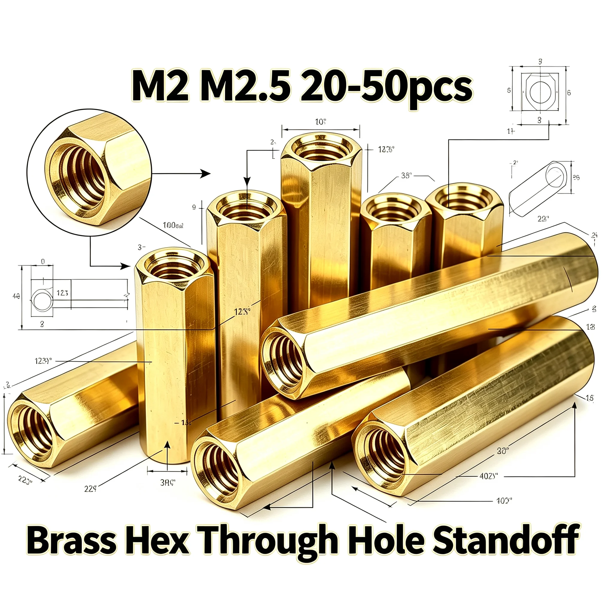 20-50pcs Lot M2 M2.5 Hex Brass Through Hole Distance Sleeve, Hexagonal Hollow Separator Bush, Threaded Locating Post