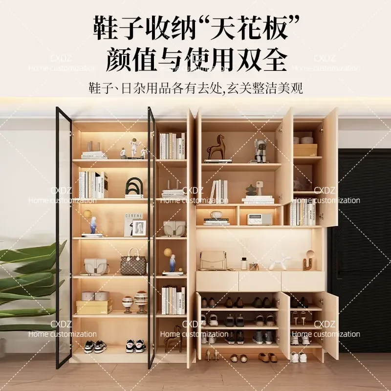 Cream Style Shoe Cabinet Entryway Storage Large Capacity Porch Cabinet for Clothes Hats Shoes with Integrated Stool Wall