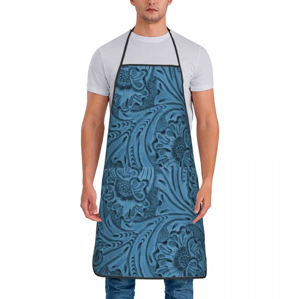 Custom Bib Cornflower Blue Apron for Men Women Adult Chef Cooking Kitchen Tooled Leather Pattern Tablier Cuisine Baking