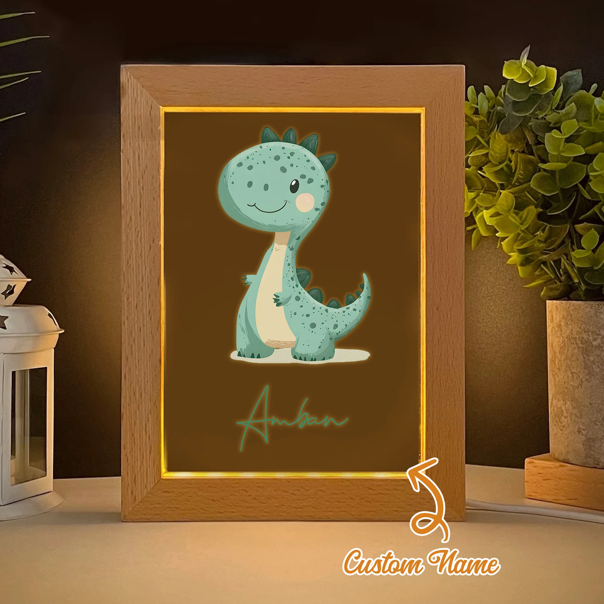

2D Flat Custom Name Cute Dinosaur LED Acrylic Night Light Wood Photo Frame 21x17cm Cartoon Children's Bedroom Gifts Home Decor