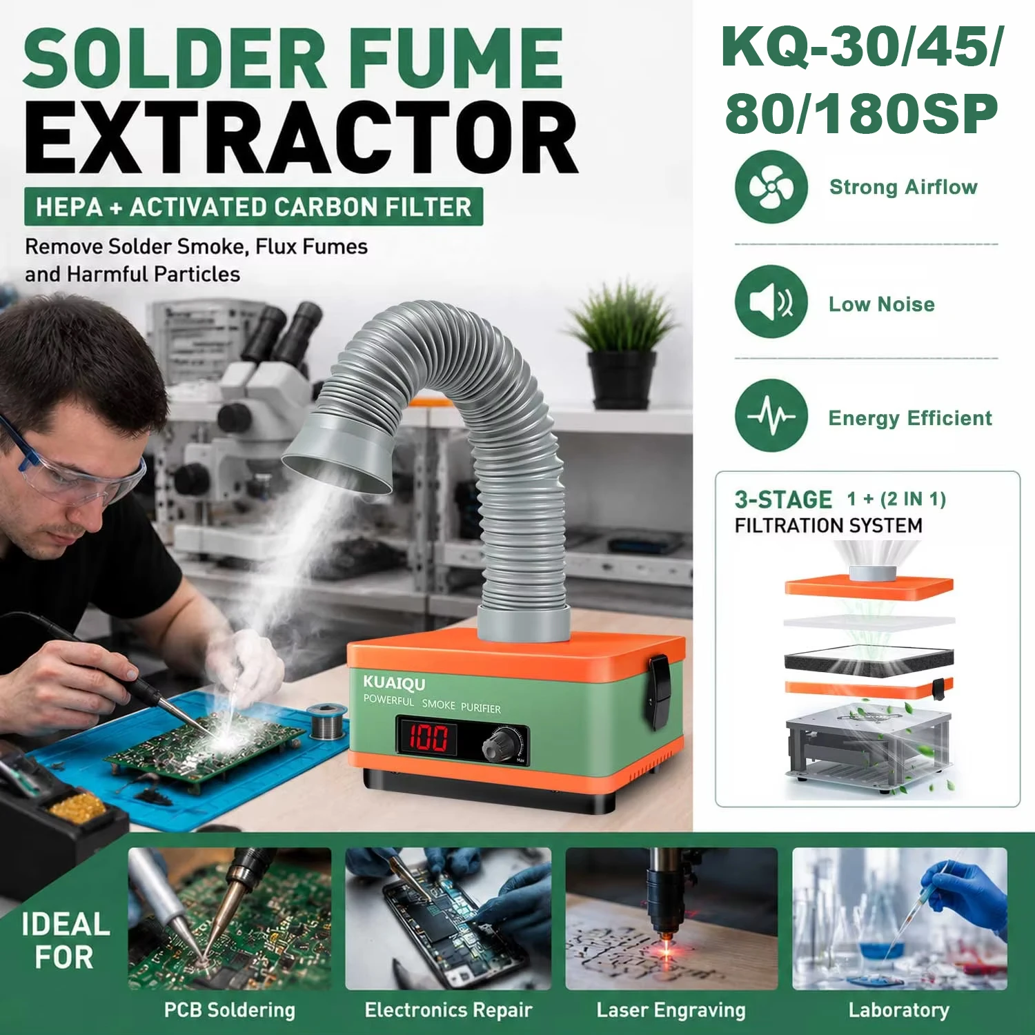 Estrattore di fumi KUAIQU 30W 45W 80W 150W per saldatura, con filtro HEPA H13 a 3 stadi e spugna a carbone attivo, per belle arti, stampanti 3D, stazioni di saldatura PCB, rimozione fumi di flussante,