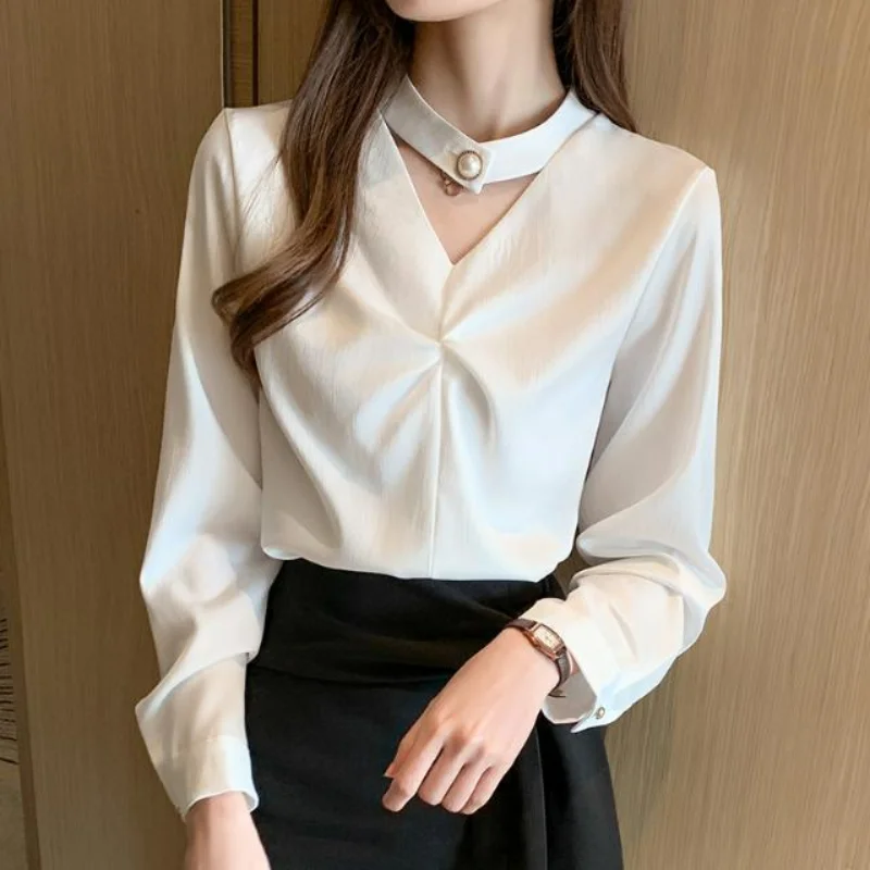 Elegant Women Chic Satin Shirt Korean Fashion New Spring Autumn Fashion Long Sleeve Embroidered Flares Solid Office Lady Blouse