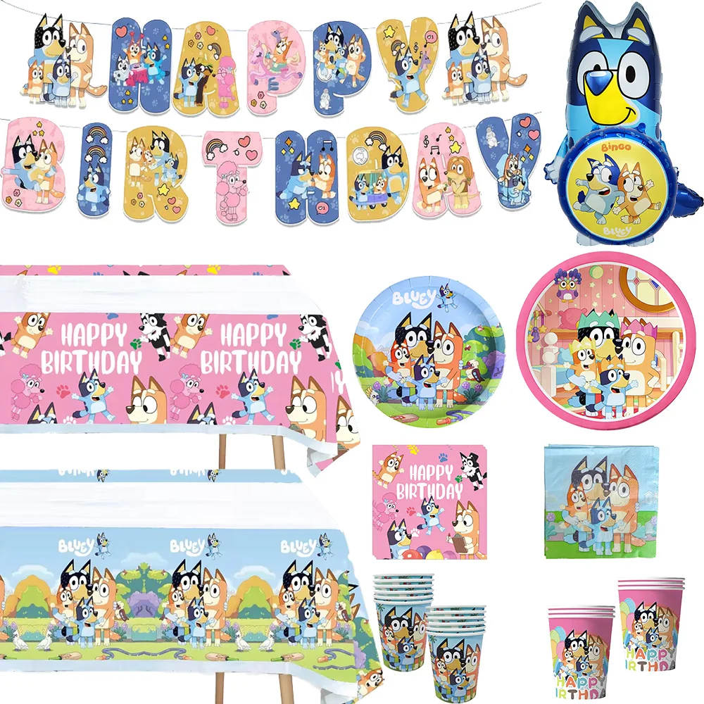 Cartoon Bluey Birthday Party Decoration Blue Pink Bluey Balloon Set Plate Table…