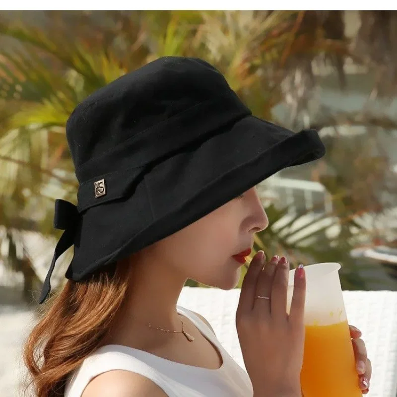 

Women's Bow Panama Bucket Hat Summer Fashion Kpop Bob Cotton Black Beach Sun Hats Foldable Wide Brim Anti-UV Fishing Cap