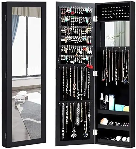 

Jewelry Armoire Cabinet Wall Door Mounted with Full Length Mirror, Jewelry Organizer with Mirror, Ring Earring Slots, Necklace