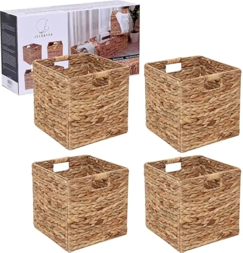 

Set of 4 Foldable Water Hyacinth Storage Baskets, 12x12in Wicker Cube Organizers for Home