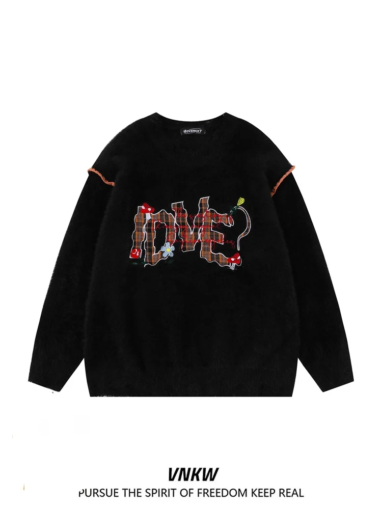 

Американский этнический вязаный свитер в клетку с пэчворком, круглый вырез, свободный крой, модный брендовый повседневный трикотаж для пар