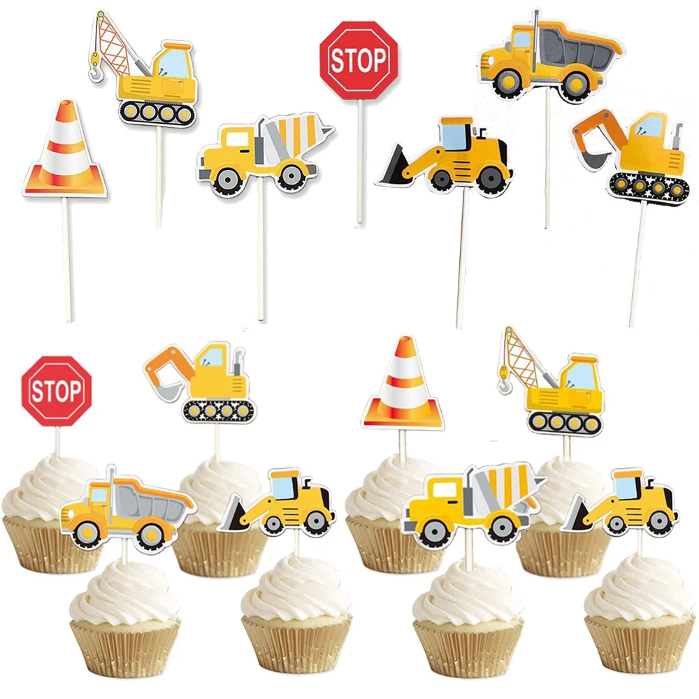 14pcs Construction Cupcake Toppers Dump Truck Excavator Tractor Party Cake Toppers for Kids Birthday Baby Shower Party Decors