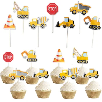 14 قطعة البناء كب كيك القبعات العالية شاحنة قلابة حفارة جرار حفلة كعكة القبعات العالية للأطفال عيد ميلاد الطفل دش الطرف الديكورات