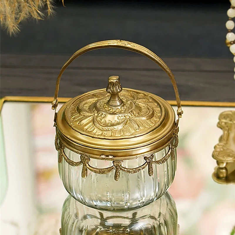 

Brass Storage Jar Handmade Carved Dessert Plate Vintage Handle with Lid Candy Can Home Luxury Decorative Storager Box Organizer