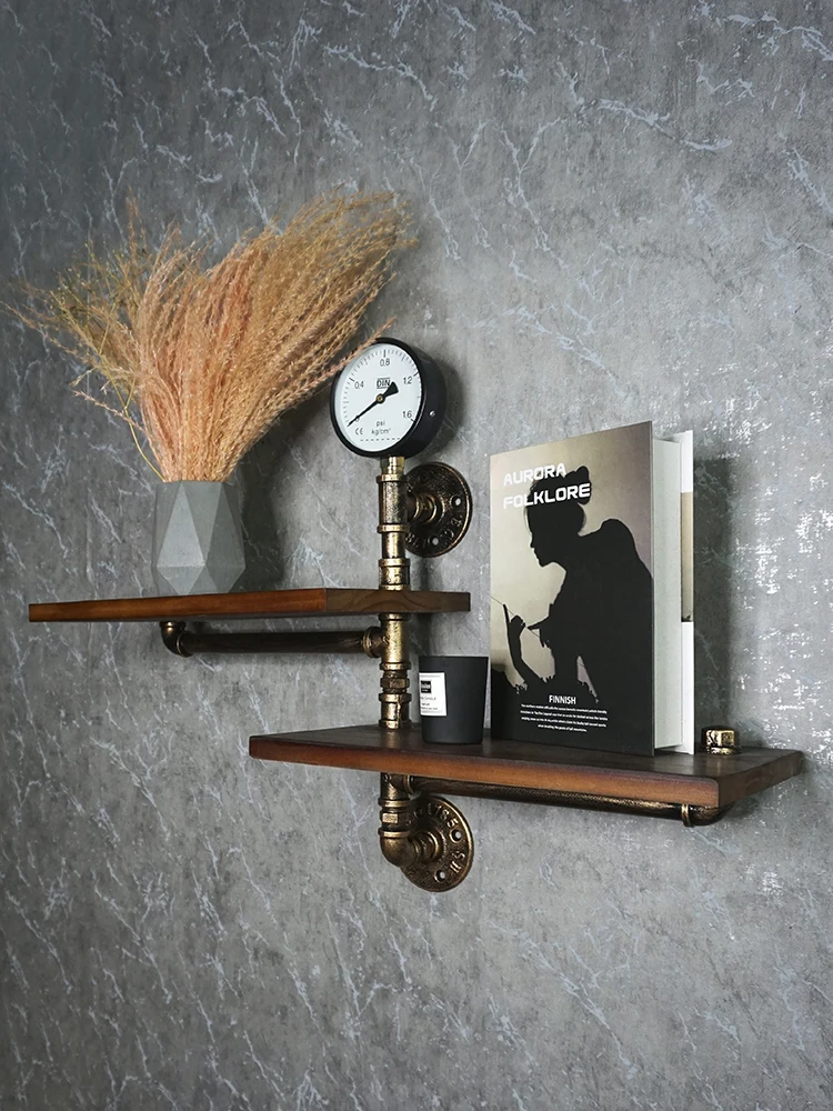 رف جداري إبداعي على الطراز الصناعي رف كتب مزخرف على شكل أنابيب مياه عتيقة معلقة على الحائط من الخشب الصلب والحديد المطاوع #4