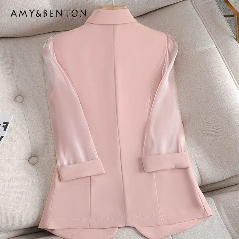 Office Lady Pink Three-Quarter Sleeve Thin Suit Jackets for Women 2024 Summer New Casual Fashion Temperament Professional Jacket