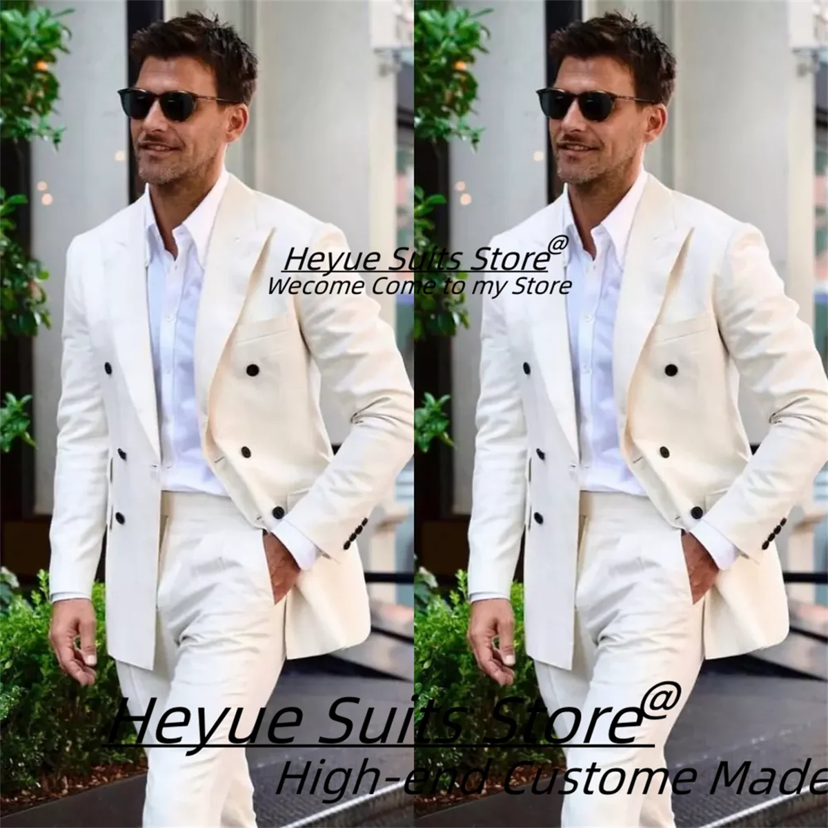 

Formal Beige Elegant Men Suits Slim Fit Double Breasted Groom Wedding Tuxedos 2 Pieces Sets Business Male Blazers Costume Homme