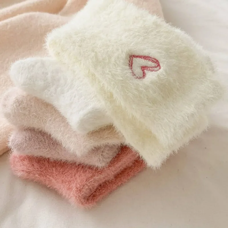 Thickened Middle Tube Socks Mink Fur Pink Embroidered Heart-shaped Women Autumn Winter Warm Sleep Home Solid Color Plush Sock