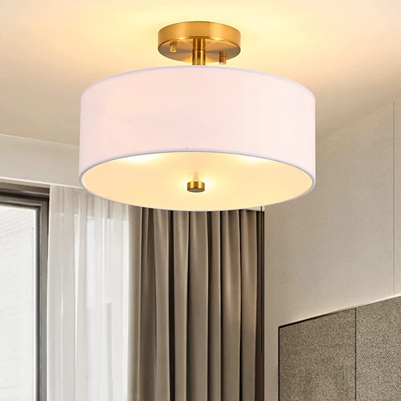 American Style Fabric Lampshade Ceiling Light Simple White Fabric Circular Porch Living Bedroom Dining Room Chandelier Ceiling