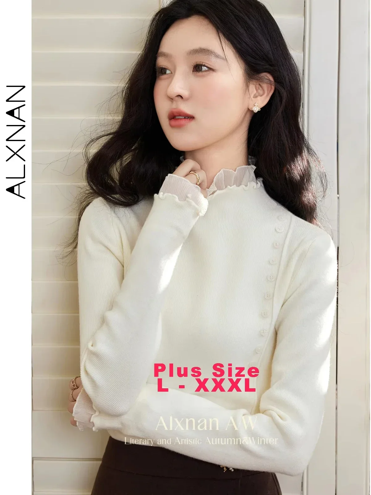 

ALXNAN Fake 2 Piece Plus Size Jumper Patchwork Ruffled O-neck&cuff Long Sleeves Sweater 2024 Fall Winter Inner Knitwear D08106SY