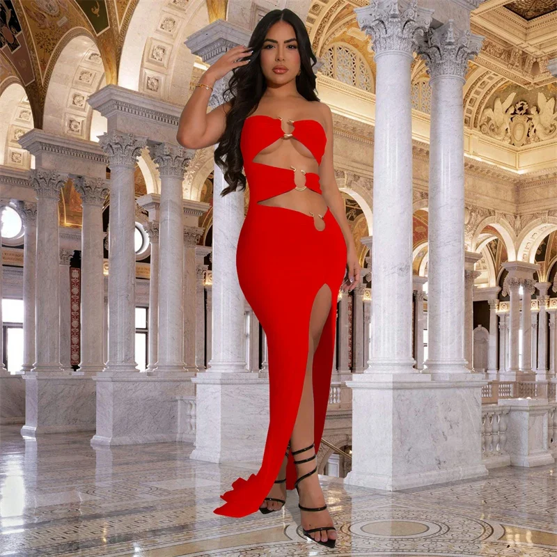 

Sexy Off Shoulder Strapless Maxi Dress Women Night Club Party Metal Button Bandage Hollow Out High Split Prom Long Dresses Robe