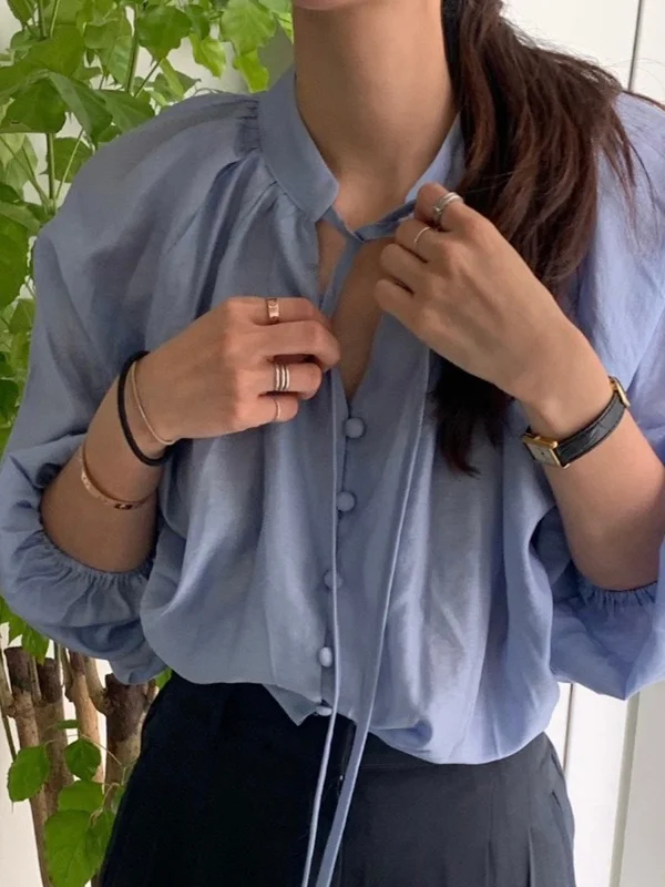 

Ele V-ne Sa Design Loose Casual Pure Color Long Sve irt Women's Faionable Top irt Spring 2025 Lantern Sve