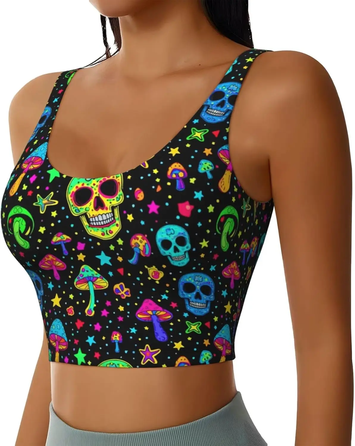 Vibrant Neon Sugar Skull Mushroom Print Crop Top Women Comfortable Yoga Bras Tank Tops for Sports Workout Tank Top Girls
