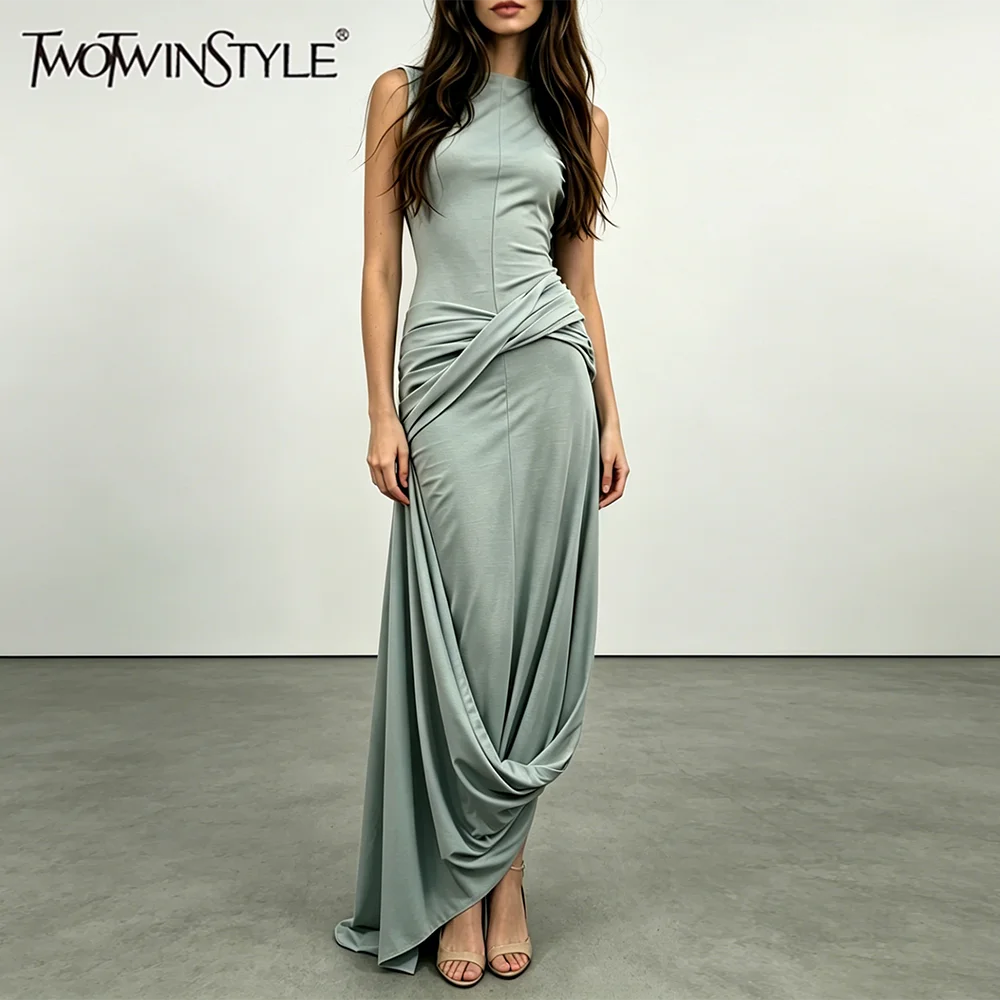TWOTWINSTYLE Solid Slimming Spliced Knot Midi Dress for Women Round Neck Sleeveless Patchwork Folds Backless Dresses Female New