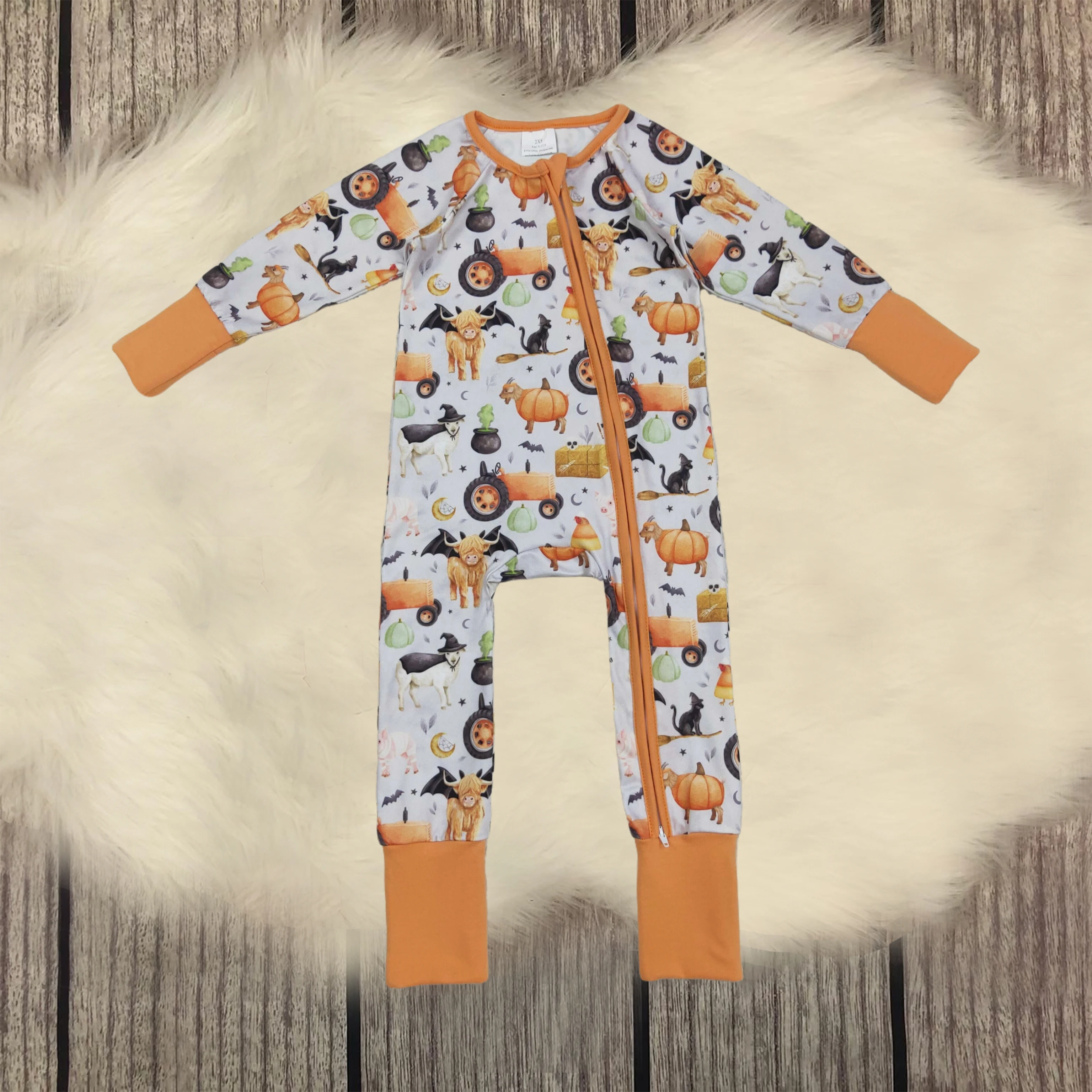 

Baby Boy Long Sleeves Jumpsuit Children Newborn Halloween Farm Animals Tractors Romper Kids Toddler Zipper Clothing Wholesale